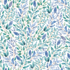Seamless watercolor pattern with blue, green twigs. Hand-painted leaves on a white background. Use it for postcards, invitations and scrapbooking.
