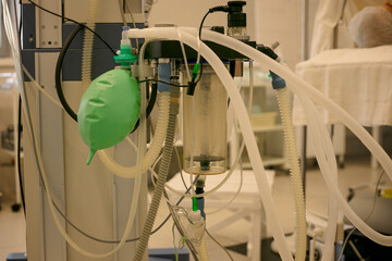 Inhalation anesthesia machine, oxygen mask, many tubes