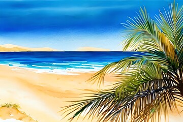 Seascape. Summer tropical beach with golden sand palm branches. Hand drawn horizontal watercolor illustration. Generative AI