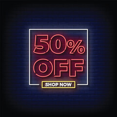 Neon Sign 50% shop now with brick wall background vector