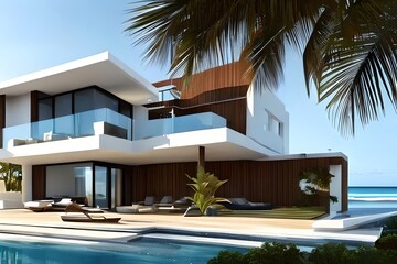 Fototapeta na wymiar Small luxury modern beach house. Beach house Modern architecture. Villa by the sea. Generative AI