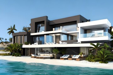 Fototapeta premium Small luxury modern beach house. Beach house Modern architecture. Villa by the sea. Generative AI