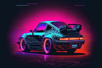 Neon automobille in abstract pattern in cyberpunk style. Synth wave, bright neon colors, modern technologies, interesting concept idea, high resolution, art, generative artificial intelligence