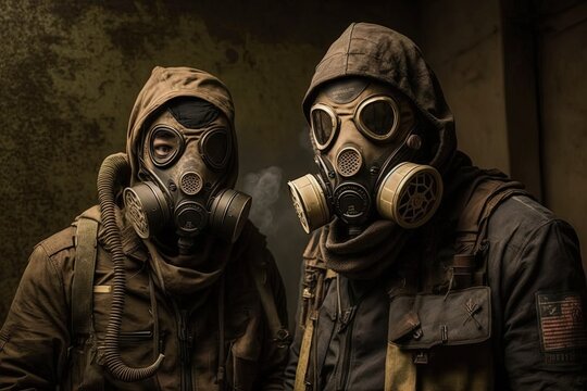 People wearing a gas mask in a desert, a detailed matte painting, nuclear art, apocalyptic art is standing on a smoking chimney background. high resolution, art, generative artificial intelligence