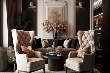 Luxurious lounge area in the style of architectural post-modernism, with white wallpaper. Wall paintings, luxurious interior, dark shades, high resolution, art, generative artificial intelligence