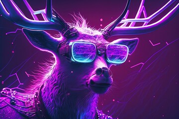 Neon cyberpunk futuristic moose portrait in pop art style on purple background. Synth wave, retro wave, cute animals, high resolution, art, generative artificial intelligence