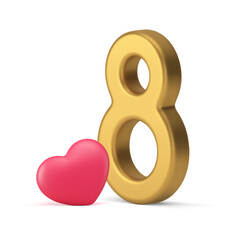 Eight March International Women's Day festive 3d icon golden number with heart realistic vector