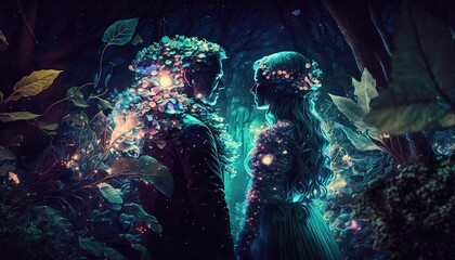 beautiful elven couple togetherness moment, affectionate eye contact , enchanted forest at night time with romantic atmosphere, Generative Ai