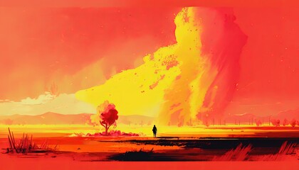 paint like illustration of fire storm on sky over wasteland, idea for artistic background wallpaper, Generative Ai