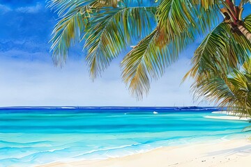 Naklejka na ściany i meble Watercolor illustration of a tropical beach. Generative AI