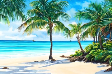 Watercolor illustration of a tropical beach. Generative AI