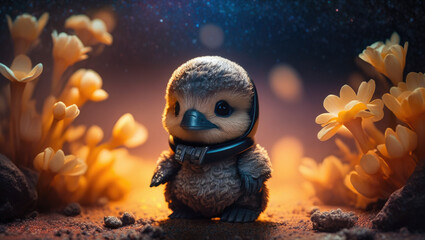 A cute baby duck astronaut in space with floral and space background. Generative AI technology.