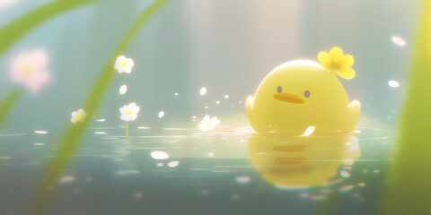 Cute little duck in  the water banner,  generative AI illustration