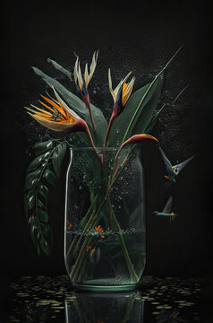 Bright flower in glass vase. Generative AI