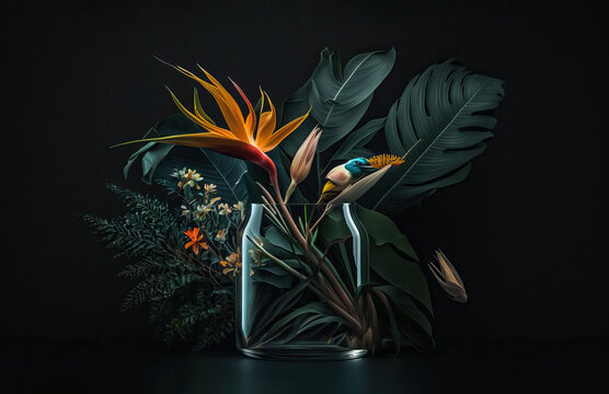 Bright flower in glass vase. Generative AI