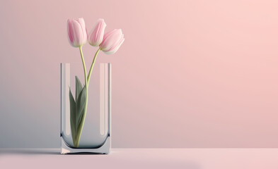 Glass of fresh pink tulip flowers in vase. Generative AI