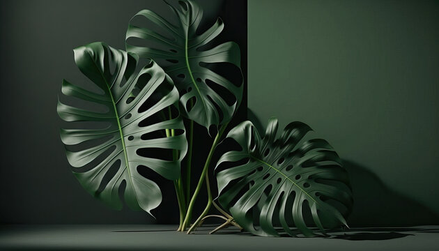 Lush green monstera leaves of exotic plant. Generative AI