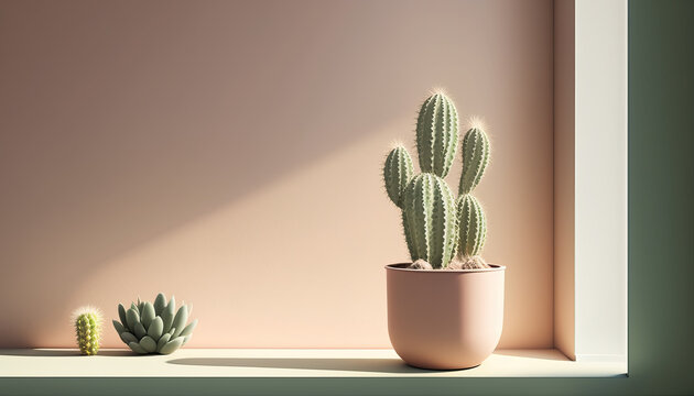 Minimalist Cactus in pot besides a window. Generative AI