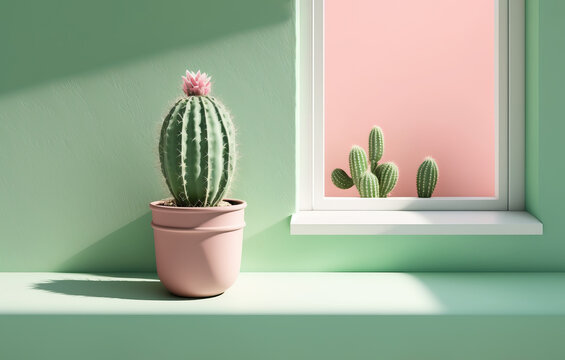 Minimalist Cactus in pot besides a window. Generative AI