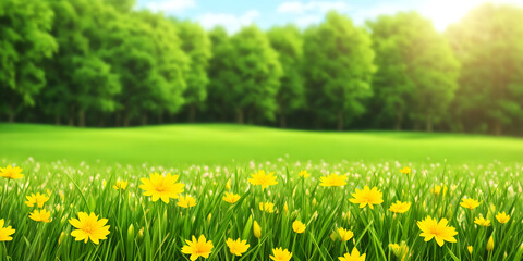 Obraz premium Spring landscape, blossoming field with green grass and yellow flowers, forest, blue sky with clouds. Nature illustration. Generative AI
