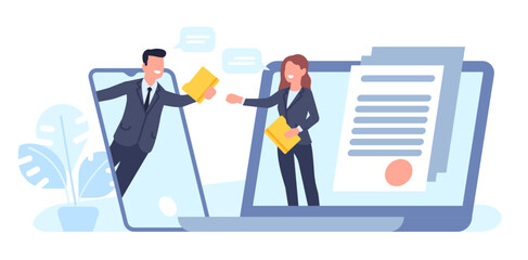 Online document exchange business partners. Devices connection. Data transfer. Workers with folders. Laptop and smartphone. Employees send pages. Computer technology. Vector concept