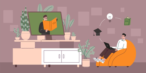 Online education process. Cute guy listens. Man watches web lesson. Digital lecture. Teacher teaches remotely. Modern training. Internet study course. Boy with laptop. Vector concept