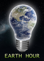 Take care of your home. Words Earth Hour and light bulb with planet surface in open space