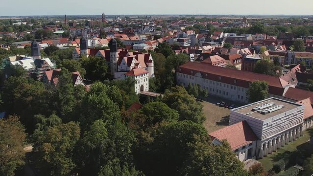 City view of K&ouml;then Anhalt. flight over city park. view of K&ouml;then castle.