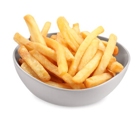 Bowl of delicious french fries on white background