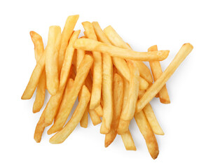 Delicious fresh french fries on white background, top view