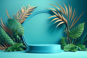Fototapeta na wymiar Product presentation: Bright blue podium surrounded by lush green palm leaves. Generative AI