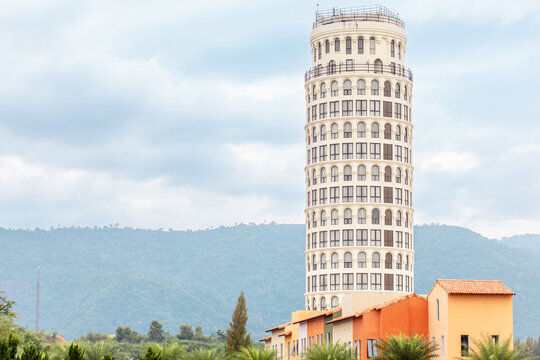  Pisa tower in Thailand Khao Yai valley, surrounded by lush greenery