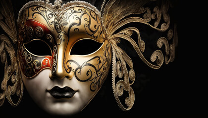 Venetian masquerade carnival mask on black background with copy space. Based on Generative AI