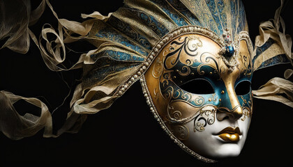 Venetian masquerade carnival mask on black background with copy space. Based on Generative AI