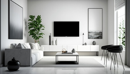 Naklejka na ściany i meble Living room of a modern home with minimalist furniture. Generative AI