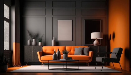 Living room of a modern home with minimalist furniture with orange tones. Generative AI