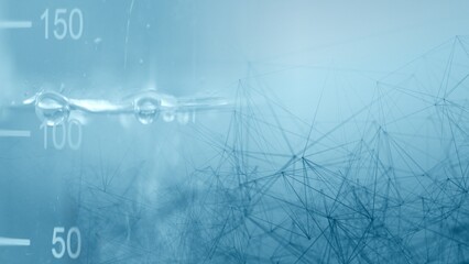 Macro chemical laboratory glass beaker flask test tube fills with water on blue 3D Illustration molecule background. Chemistry science content info graphic design showcase backplate with copy space.