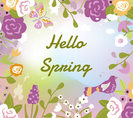 Hello spring banner.Spring time colorful wallpaper with flowers.Spring vector Lettering text. Vector illustration