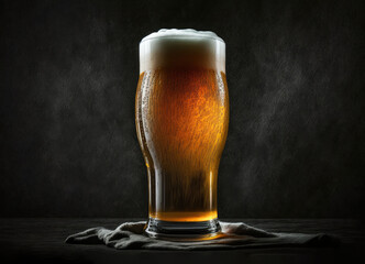 Glass of fresh beer on dark background. Generative AI