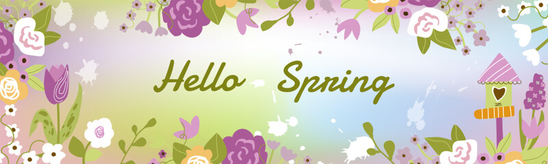 Fototapeta na wymiar Hello spring banner.Spring time colorful wallpaper with flowers.Spring vector Lettering text. Vector illustration