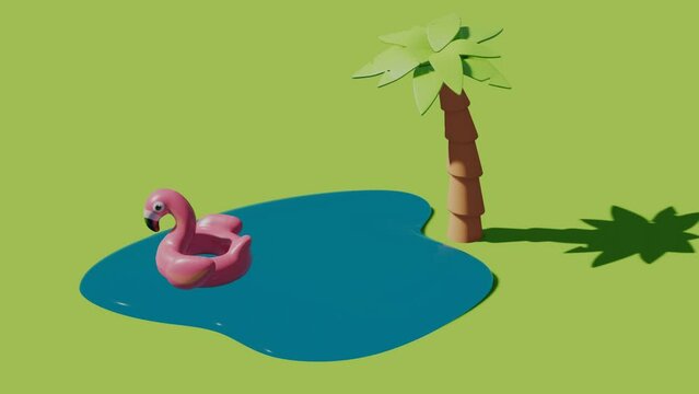 Flamingo inflatable rubber circle in water and palm. Abstract loop animation