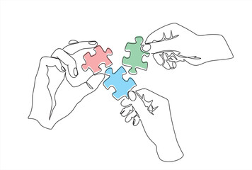 Continuous one line drawing of hands and puzzle. Business matching - connecting puzzle elements.  Puzzle game symbol and iconic business metaphor for problem solving, solution and strategy.