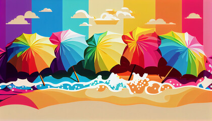 Fototapeta na wymiar tropical beach with a rainbow umbrella
