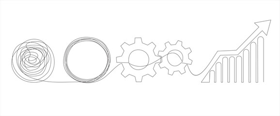 Chaos, gears and graph going up with an arrow abstract minimalist concept vector illustration. Metaphor disorganized difficult problem found solution on continuous tangle thread in need of unraveling