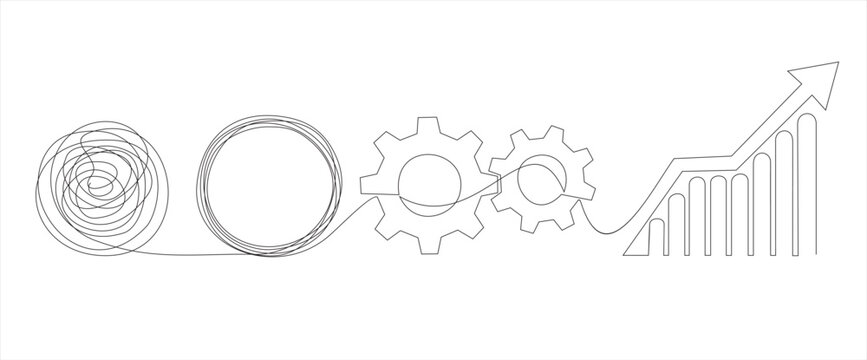 Chaos, gears and graph going up with an arrow abstract minimalist concept vector illustration. Metaphor disorganized difficult problem found solution on continuous tangle thread in need of unraveling