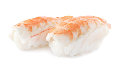 Delicious nigiri sushi with shrimp isolated on white