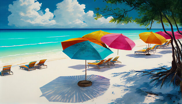 A vibrant image of a tropical beach at midday, with crystal-clear blue water, powdery white sand, and colorful beach umbrellas.
