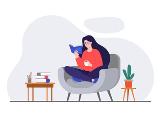 Fototapeta na wymiar Woman relaxing at home. girl drinking hot coffee, reading book in armchair flat vector illustration. Modern vector flat illustration.