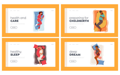 Pregnant Girls With Sleep Pillows Landing Page Template Set. Expectant Mother Characters Sleeping With Pregnancy Cushion