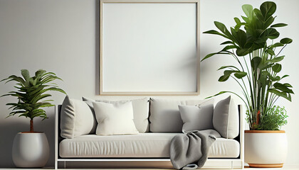empty square frame mockup in a cozy minimalist interior, with a plush sofa and a cluster of potted plants in the corner.